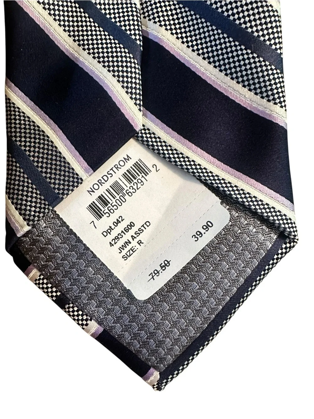 NWT John W. Nordstrom Silk Tie NavyBlue Lavender White Stripe - Preppy